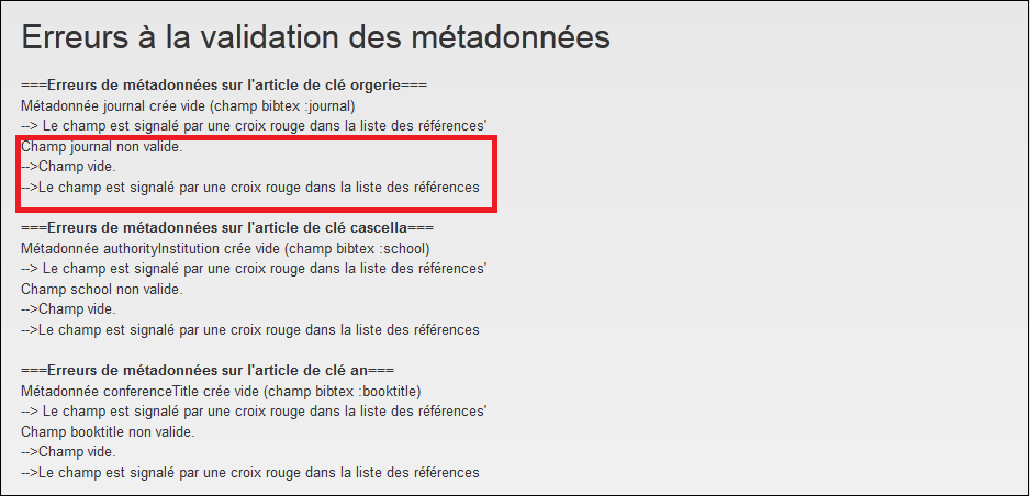 Erreur à la validation des métadonnées : Champ journal non valide