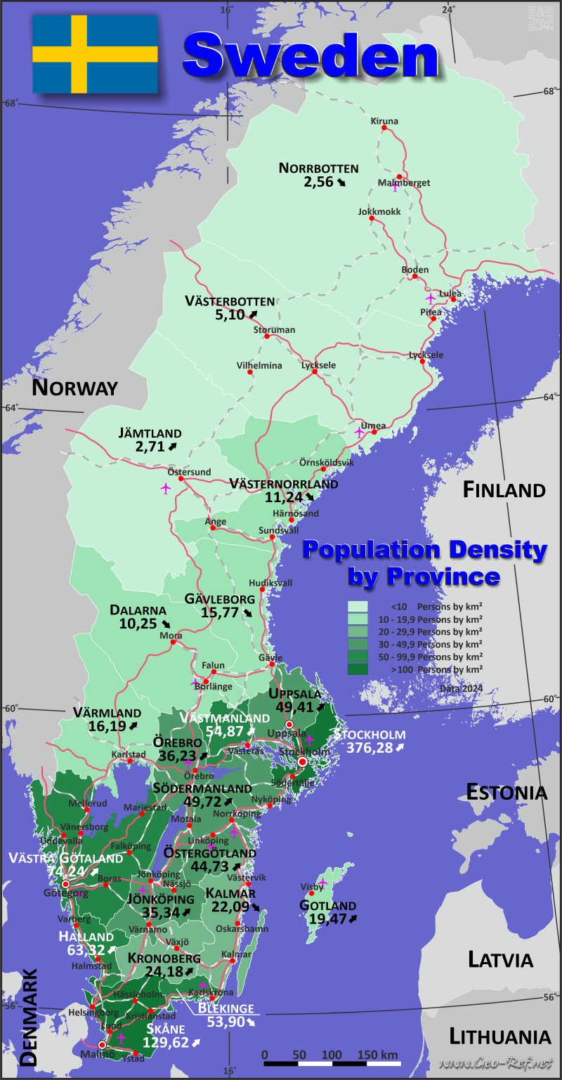 Mapa Suecia Divisi�n administrativa - Densidad de población 2024