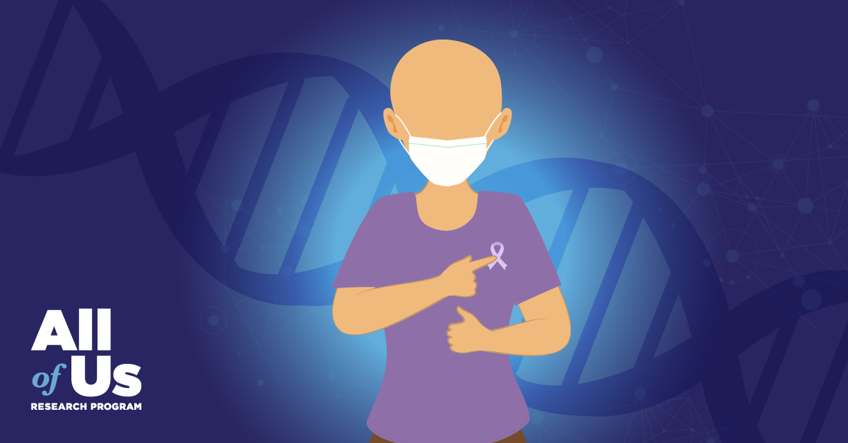 An illustration shows a woman with no hair, representing a cancer patient, wearing a medical mask. She is pointing with her index finger at a purple ribbon pinned on her chest area. A DNA helix is in the background. The All of Us logo is in the lower left corner. 