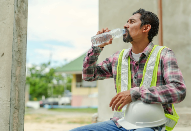 Một người công nhân xây dựng ngồi ngoài trời, dưới bóng râm, cầm mũ bảo hiểm cứng bằng một tay và đang uống nước từ chai nhựa trong suốt. 