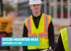 Photo of two construction workers with the text "Suicide Prevention Week, Sept. 6-10"