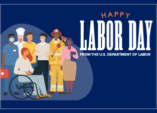 Dark blue background with colorful images of workers. Text reads: Happy Labor Day from the U.S. Department of Labor. dol.gov/LaborDay