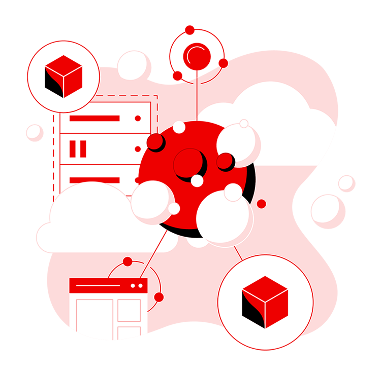 Spheres that very in size hover around one larger sphere, it has lined connecting  with a browser, cube, cloud,and virtual server 