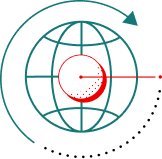 Distribution mini illustration depicted as an outline of longitude and latitude globe with a sphere in the center that has a line connecting it to a line of dots moving around the globe. Indicated by an arrow.