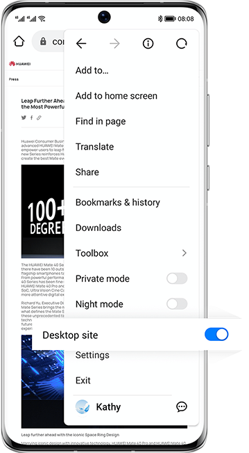 Huawei Browser- night mode, destop site, block image