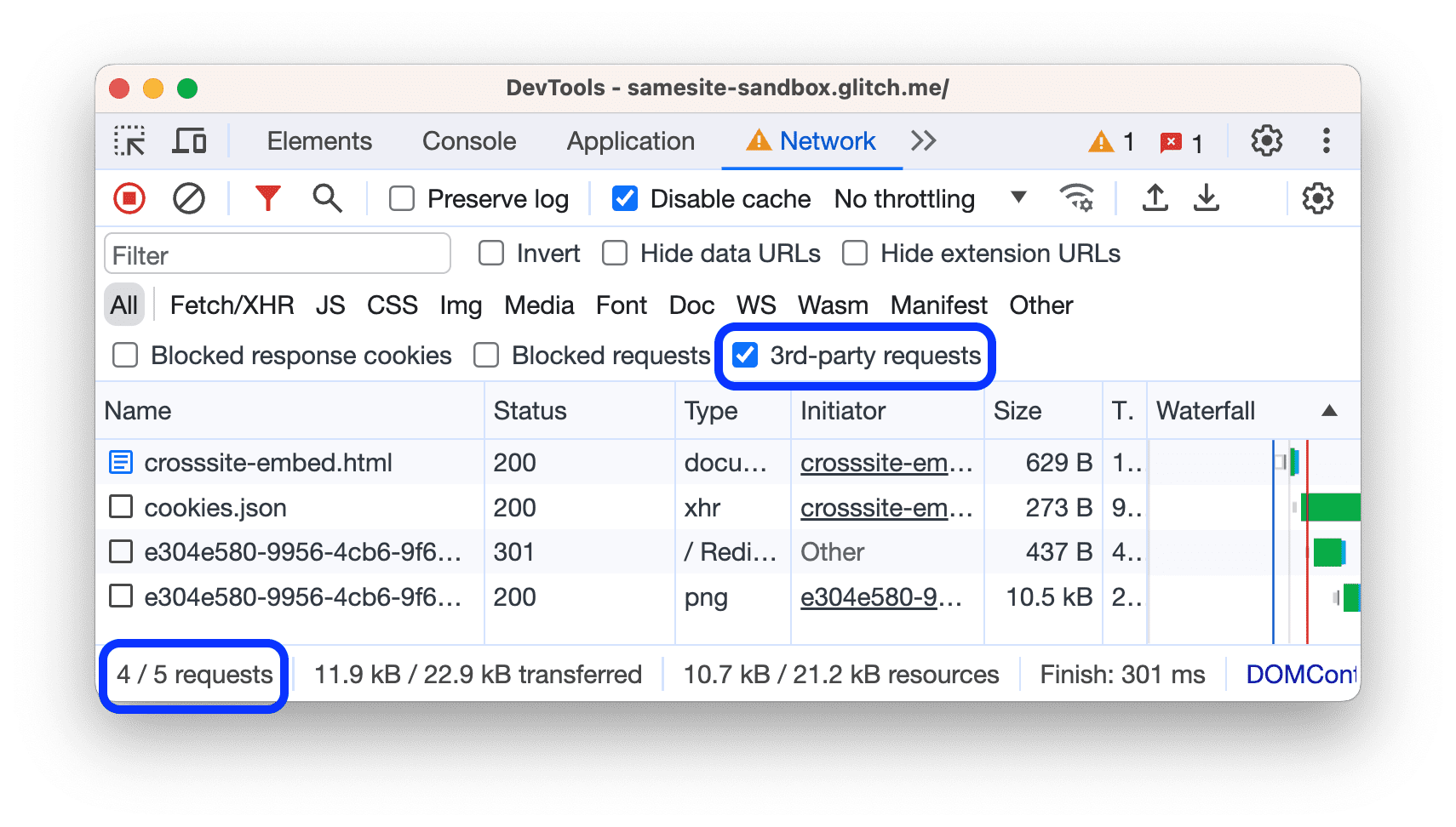 The Requests table shows only the third-party requests.