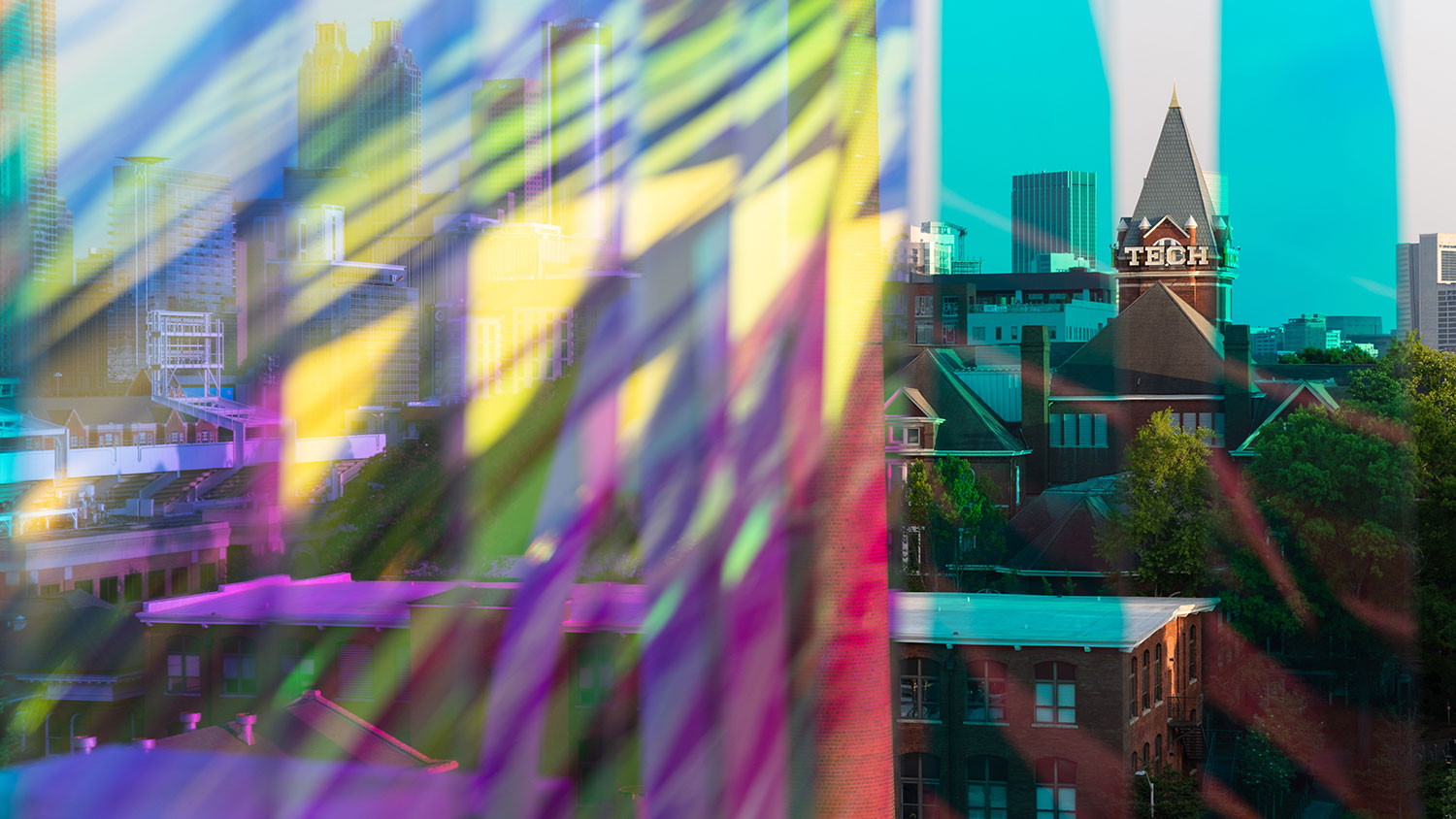 Tech Tower behind a rainbow prism