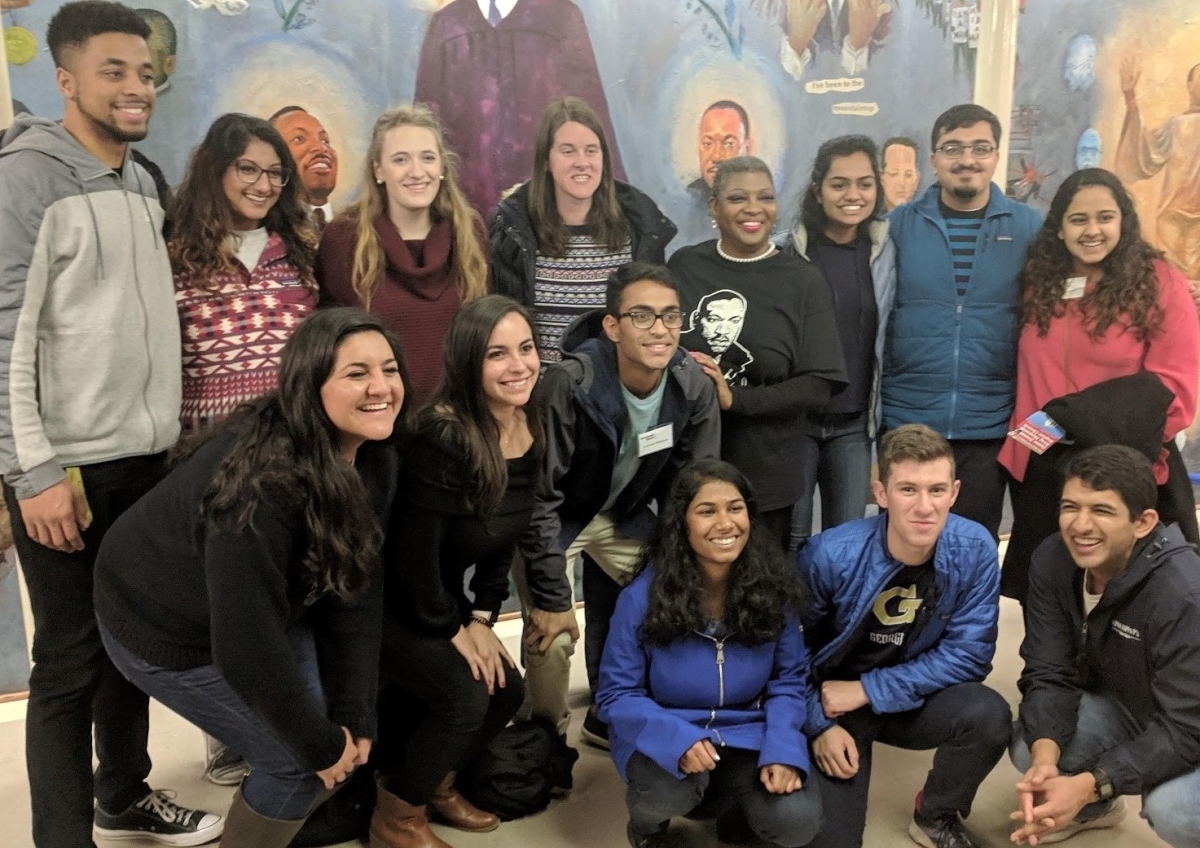 A groupd of GT students pose in front of the Dexter Ave. Church during a Civil RIghts Tour