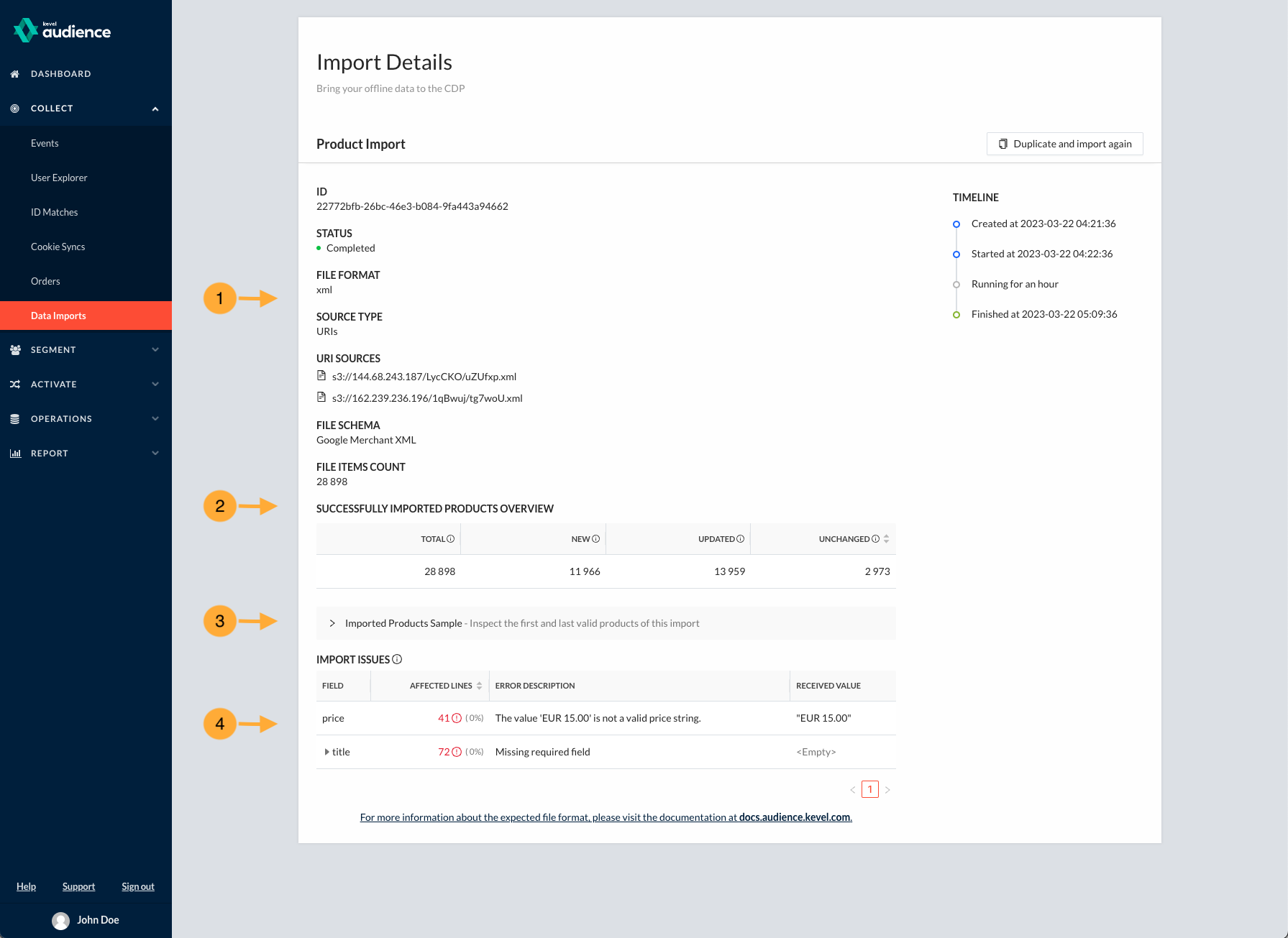 Dashboard product import results