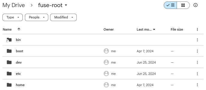 A screenshot of Google Drive showing the root of a typical Linux filesystem