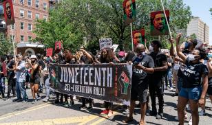 Hundreds of people attend at Juneteenth celebration at Brooklyn Public Library at the Grand Army Plaza.