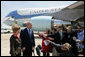 President George W. Bush and Mrs. Laura Bush talk with the media Sunday, May 11, 2008, as they prepare to depart Waco en route to Washington, D.C. Wishing all mothers a Happy Mother's Day, the President said, "This Mother's Day weekend was awfully special for Laura and me. Our little girl, Jenna, married a really good guy, Henry Hager.The President also sent his condolences to the families who lost loved ones in the tornadoes in Missouri, Oklahoma and Georgia.  White House photo by Chris Greenberg