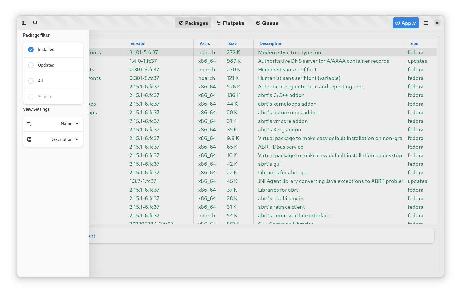 package settings