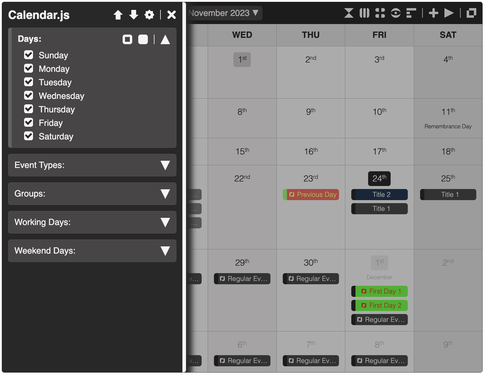 CalendarJs - Menu