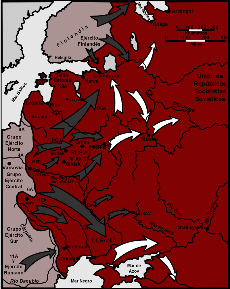 Mapa de los avances alemanes  en junio de 1941, durante la operación Barbarroja.