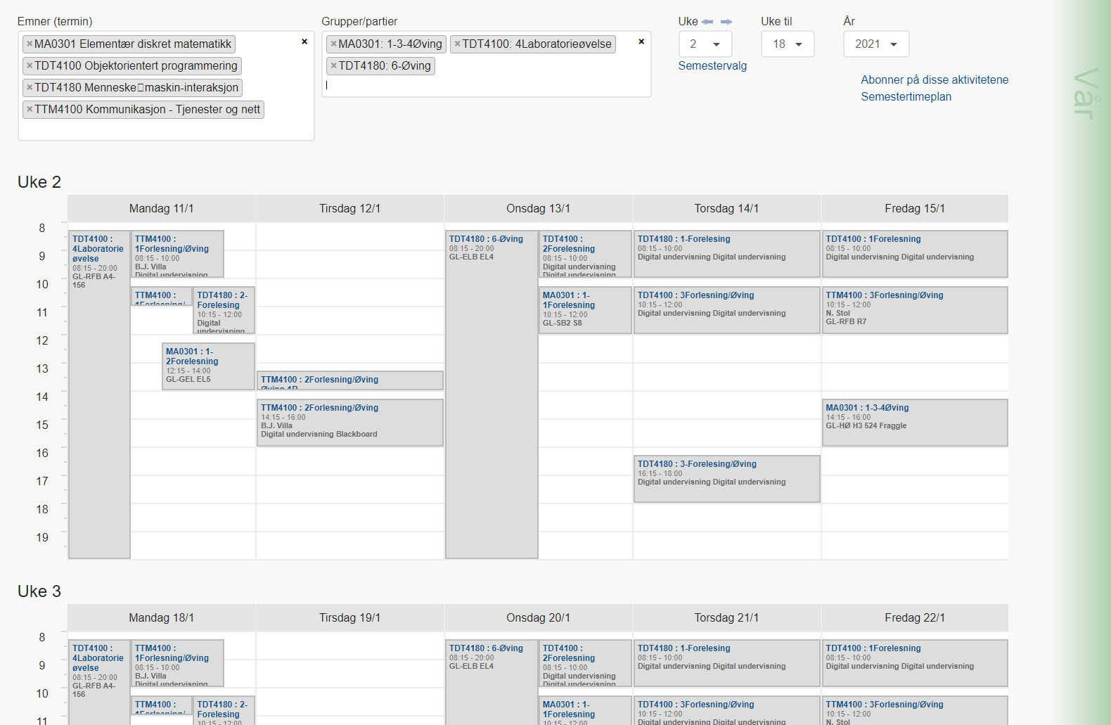 Skjermbilde. Eksempel på hvordan timeplan kan se ut.