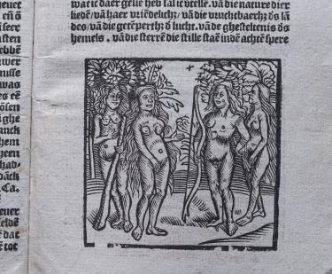 Detail of a printed text shows an illustration of four naked Natives surrounded by trees. One holds a cross bow and another holds a large stick. Text in Dutch is also visible.