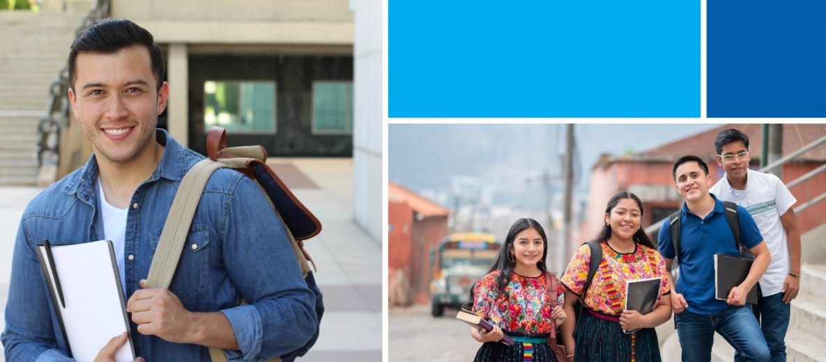 Blue Banner with image of college student, girls and boys wearing traditional attire