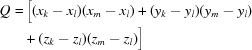 [\eqalign{ Q = & \,\big[ (x_k-x_l)(x_m-x_l) + (y_k-y_l)(y_m-y_l) \cr & + (z_k-z_l)(z_m-z_l) \big] }]