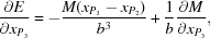 [{{\partial E} \over {\partial x_{P_3} }} = -{{ M(x_{P_3}-x_{P_2})} \over {b^3}} + {{1} \over {b}} {{\partial M} \over {\partial x_{P_3} }},]