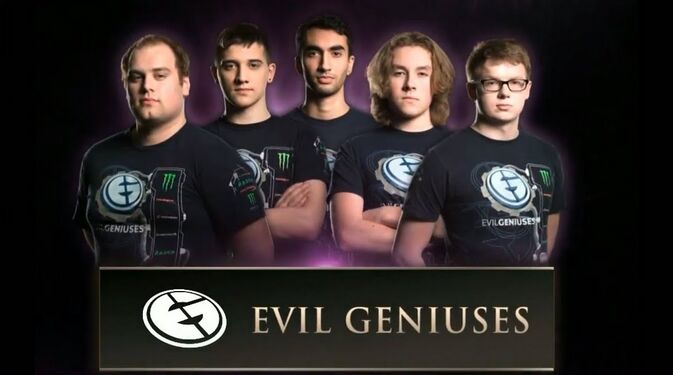 Evil Geniuses at The International 2014 From left to right: mason, Arteezy, UNiVeRsE, zai, and ppd.