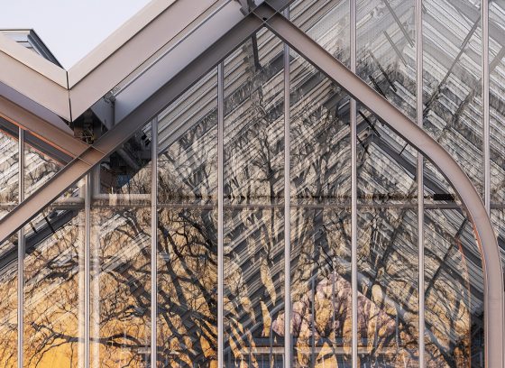 The outside of a glass conservatory with the reflections of bare trees on the panes.