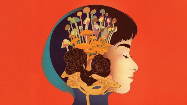 Illustration of a silhouette of a woman with mushrooms blooming in her mind.