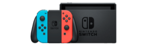 Console Nintendo Switch com controles Joy-Con vermelho e azul.