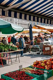 Food stands at the Karmelitermarkt in Vienna