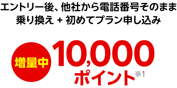 エントリー後、他社から電話番号そのまま 乗り換え + 初めてプラン申し込み10,000ポイント※1