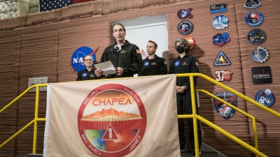 Ross Brockwell exiting the Mars Dune Alpha habitat at NASA's Johnson Space Center in Houston, Texas.