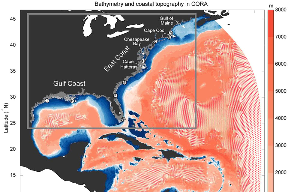 A depiction of the Advanced Circulation Model used for NOAA's Coastal Ocean Reanalysis. The gray box shows the focus region of the assessment — the U.S. East Coast, Gulf of Mexico, and Carribean Sea. Credit: Cooperative Institute for Marine and Atmospheric Research, School of Ocean and Earth Science and Technology, University of Hawai’i at Mānoa