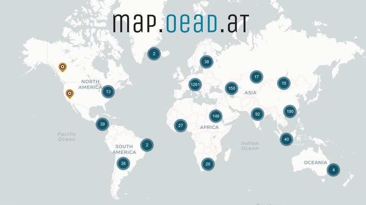  OeAD map as an image for the sliders on the website. The world map contains dots with numbers in them.