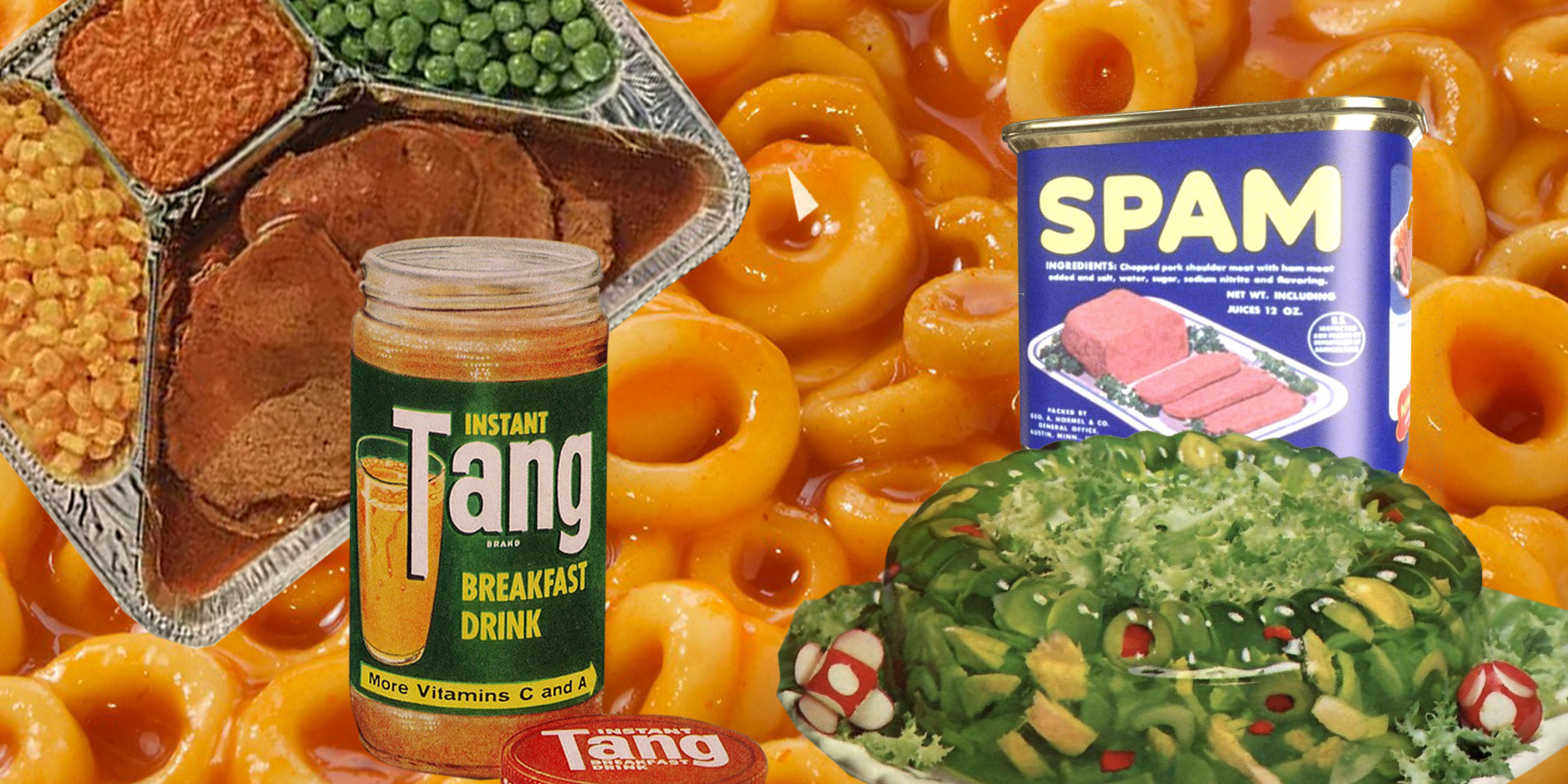 SpaghettiOs in background, tv dinner, Tang bottle, Spam tin and Jello mold in foreground