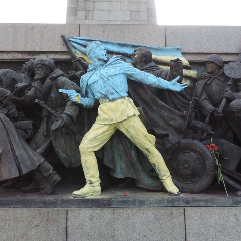 The Sofia Monument to the Soviet Army painted in the colors of the Ukrainian flag din support of the 2014 Ukrainian Revolution.