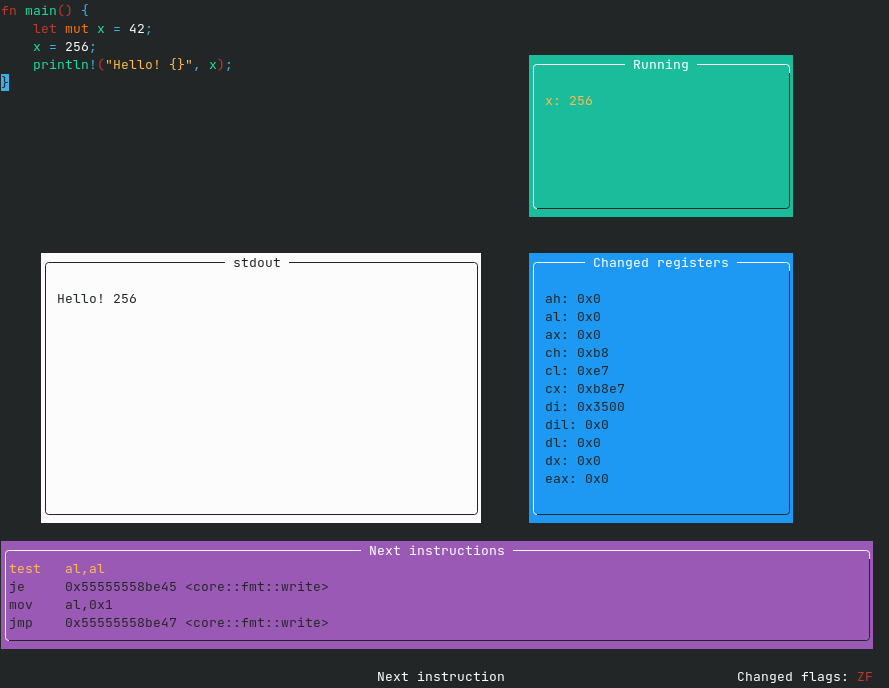 The Orbiton text editor is also a simple IDE and comes with a simple gdb front-end that can be used for stepping through for instance Rust code