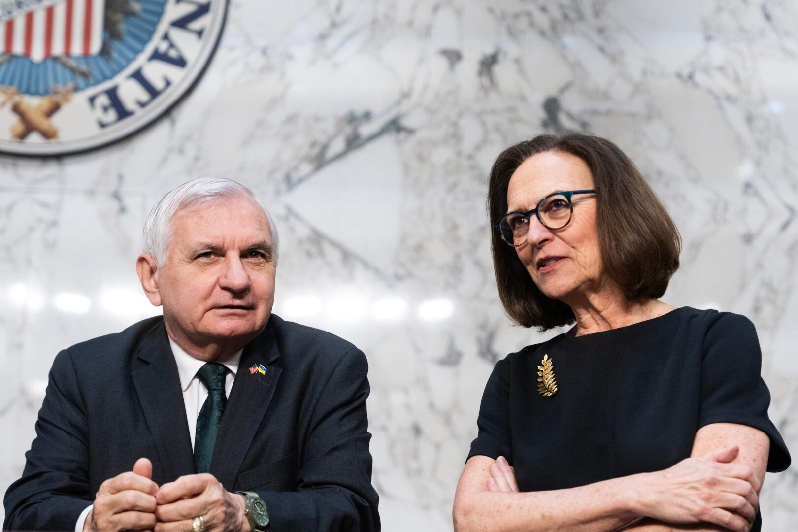 Jack Reed, chair of the Senate Legislative Branch Appropriations Subcommittee, chats with ranking member Deb Fischer in May.