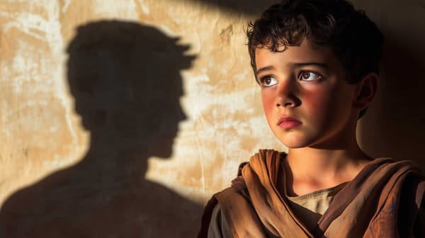 A possible representation of little Caesarion, looking at his father, his shadow projected on the wall behind him.