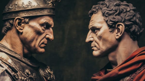 A possible representation of a staredown between Pompey the Great versus Julius Caesar. 