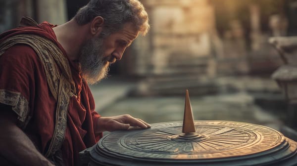 A possible representation of an ancient Roman studying a sundial