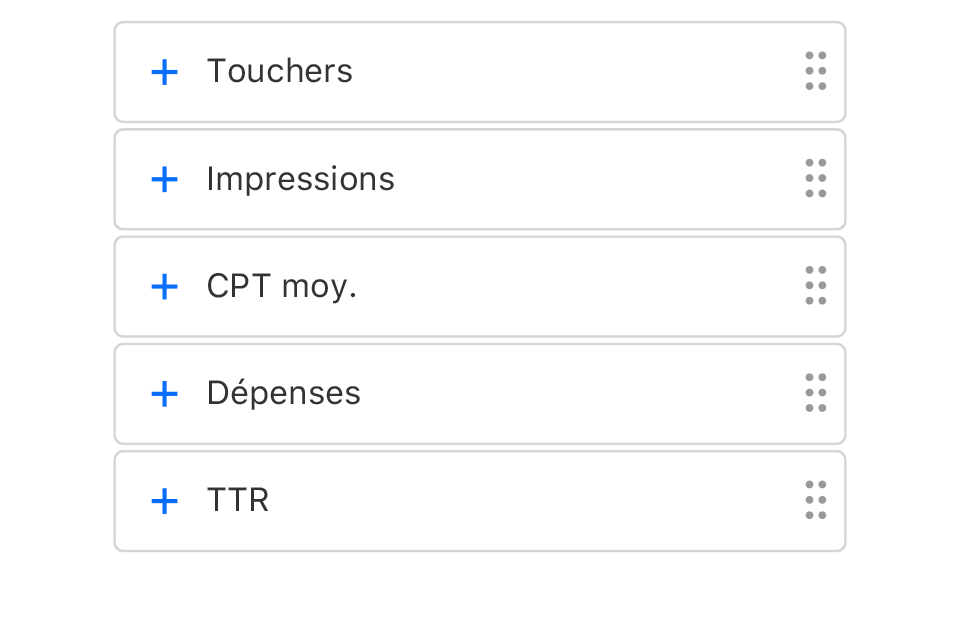 Cinq statistiques de rapport dans les composants de l’interface qui peuvent être déposées pour créer un rapport personnalisé. Les statistiques sont les touchers, les impressions, les installations, les dépenses et le taux de tap.