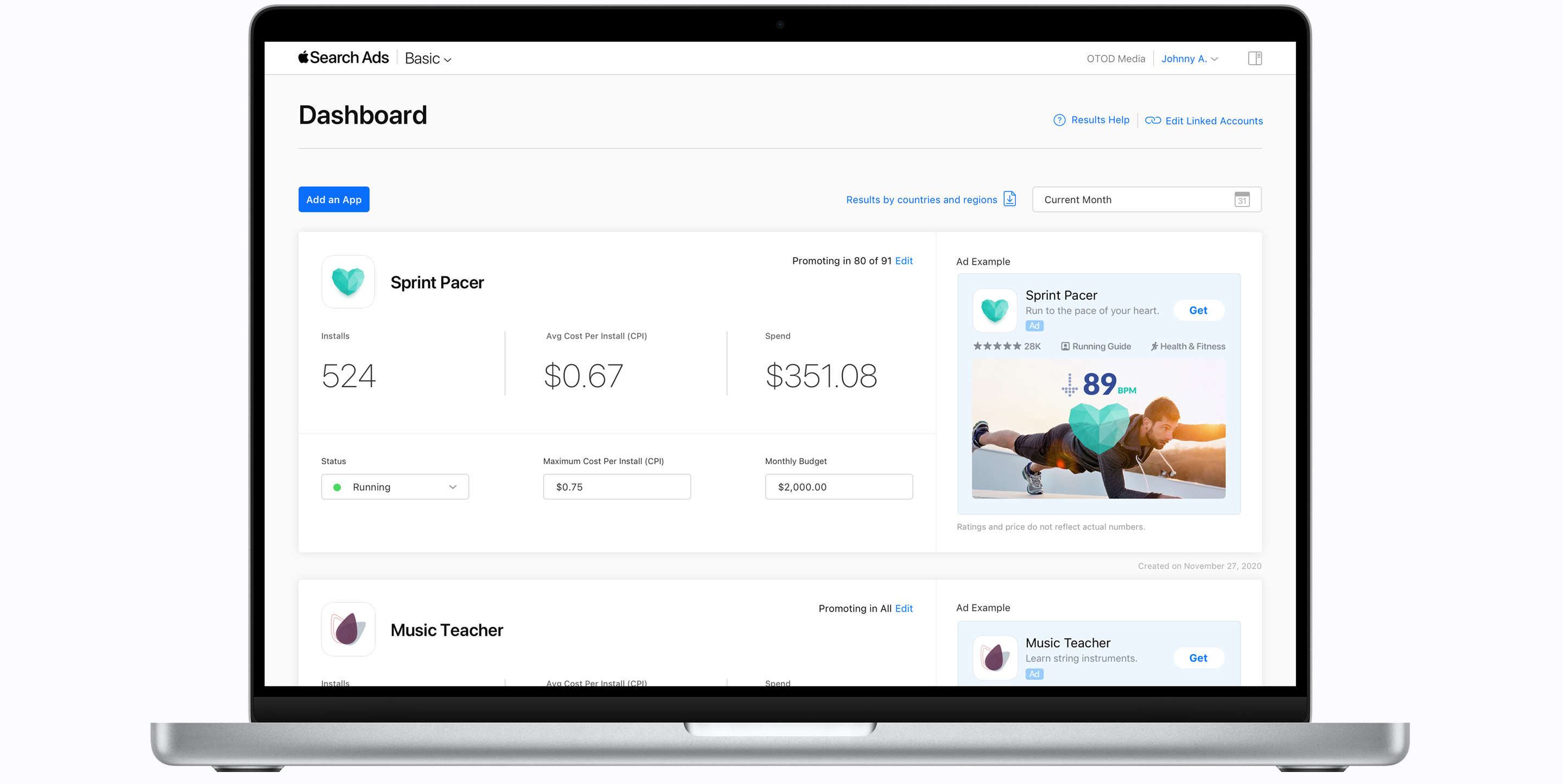 Apple Search Ads Basic dashboard showing reporting for two apps: Sprint Pacer and Music Teacher. Each app has a module and shows number of installs, average CPI, total spend, ad status, maximum CPI, monthly budget, and a preview of the ad.