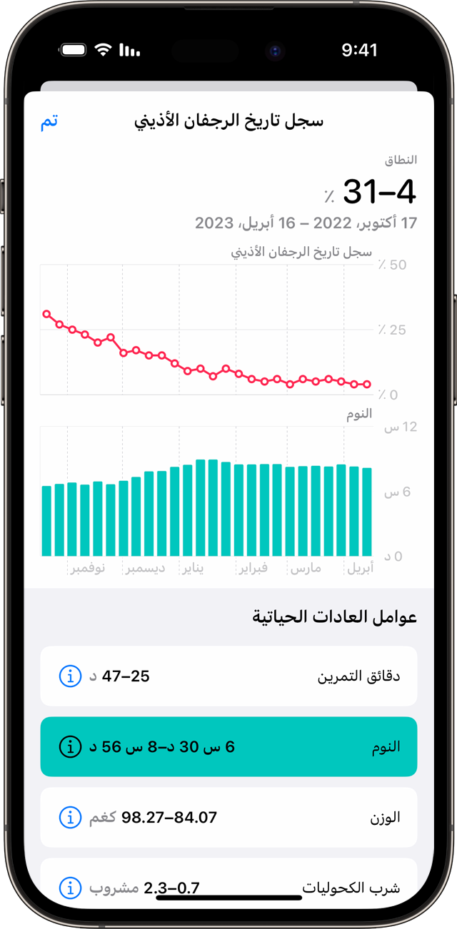 iPhone يعرض نموذجًا للرسم البياني لسجل تاريخ الرجفان الأذيني مع تحديد عامل الحياة 