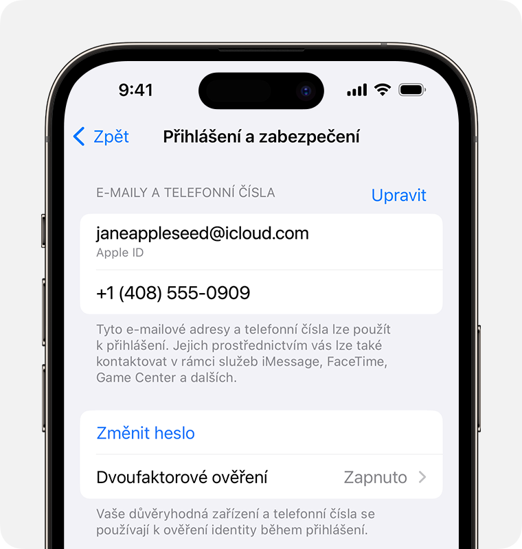 V nastaveních Apple ID najděte e-mailové adresy a telefonní čísla, která můžete použít k přihlášení k Apple ID.