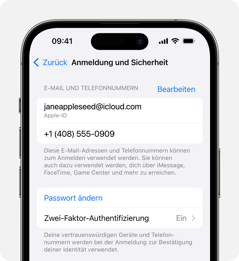 Suche in den Apple-ID-Einstellungen die E-Mail-Adressen und Telefonnummern, die du für die Anmeldung bei deiner Apple-ID verwenden kannst.