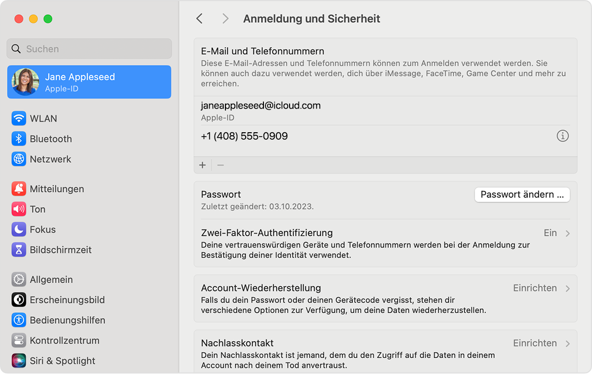 Suche in den Apple-ID-Einstellungen auf dem Mac die E-Mail-Adressen und Telefonnummern, die du für die Anmeldung bei deiner Apple-ID verwenden kannst.