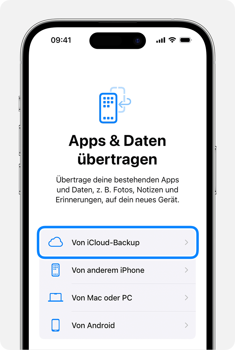 Ein iPhone, auf dem „Aus iCloud-Backup“ als ausgewählte Option angezeigt wird