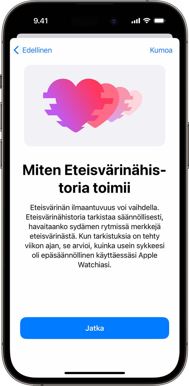 iPhonessa näkyy Miten Eteisvärinähistoria toimii ‑asetusnäyttö