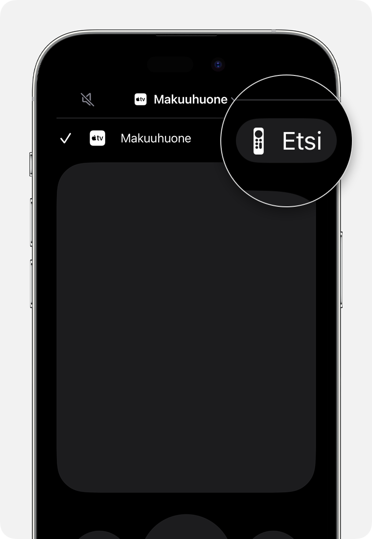 iOS:n Apple TV Remotessa Etsi-painike näkyy liitetyn laitteen vieressä
