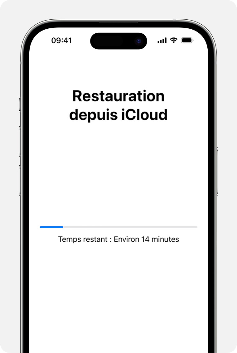 iPhone indiquant l’état de la restauration de votre appareil à partir d’une sauvegarde iCloud